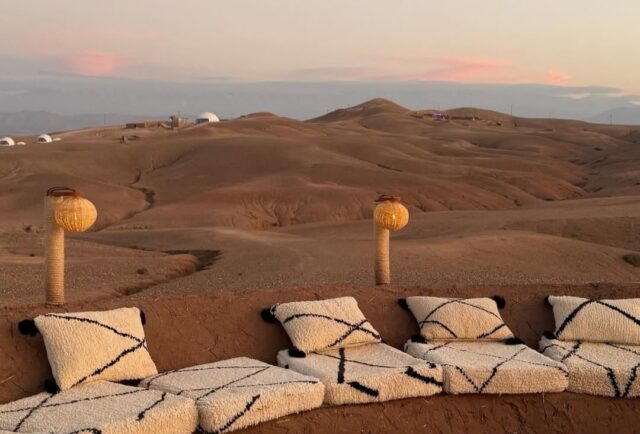 Luxury desert tent surrounded by the rocky Agafay landscape